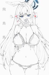 Rule 34 | 1girl, ?, animal ears, blue archive, blue eyes, bra, breasts, cleavage, closerink, collarbone, commentary, disembodied limb, earpiece, fake animal ears, finger in another&#039;s mouth, halo, heart, highres, lace, lace-trimmed bra, lace panties, lace trim, large breasts, long hair, looking at viewer, midriff, navel, open mouth, panties, rabbit ears, sidelocks, sketch, spoken heart, spoken question mark, toki (blue archive), underwear, upper body, very long hair, white background