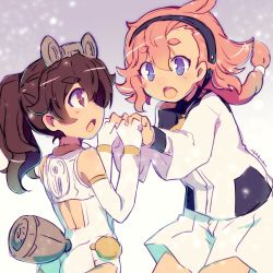 Rule 34 | 2girls, 30 minutes sisters, animal ears, back cutout, bandai, black hairband, brown eyes, brown hair, clothing cutout, company connection, crossover, elbow gloves, fake animal ears, fingerless gloves, gloves, gundam, gundam suisei no majo, hair between eyes, hairband, highres, holding hands, jacket, leotard, low ponytail, luluce (30ms), multiple girls, open mouth, ponytail, purple eyes, red hair, shorts, suletta mercury, thrusters, white gloves, white jacket, white leotard, white shorts, yoshi (crossmind)