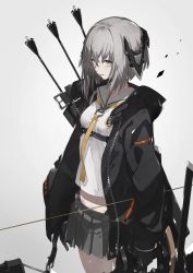Rule 34 | 1girl, arrow (projectile), bow (weapon), breasts, gloves, grey background, grey eyes, grey hair, hair between eyes, headgear, heavily armed high school girls, highres, holding, holding weapon, jacket, looking at viewer, necktie, neco, open clothes, open jacket, original, pleated skirt, roku (heavily armed high school girls), sailor collar, short hair with long locks, simple background, skirt, small breasts, solo, weapon