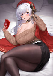 Rule 34 | 1girl, azur lane, bare shoulders, belfast (azur lane), belfast (shopping with the head maid) (azur lane), belt, black skirt, blue eyes, blush, breasts, brown belt, brown sweater, choker, cleavage, earrings, feet out of frame, futon fly away, grey hair, highres, holding, jewelry, large breasts, long hair, long sleeves, looking at viewer, lying, official alternate costume, on side, pantyhose, parted lips, pillow, red headwear, skirt, smile, solo, sweater, thighs