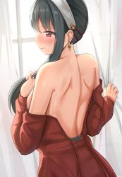 Rule 34 | 1girl, absurdres, back, back focus, bare back, bare shoulders, black hair, blush, commentary, curtains, dress, earrings, eru (aeeu2243), from behind, hairband, hand up, highres, indoors, jewelry, long sleeves, off-shoulder dress, off shoulder, profile, red dress, red eyes, short hair with long locks, solo, spy x family, upper body, white hairband, window, yor briar