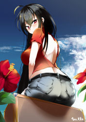 Rule 34 | 1girl, absurdres, ahoge, alternate costume, artist name, ass, azur lane, backless outfit, bare back, belt, black belt, black hair, blue sky, casual, cloud, cloudy sky, commentary request, crossed bangs, denim, flower, from behind, hibiscus, highres, jeans, long hair, looking at viewer, looking back, midriff, outdoors, pants, pantylines, red eyes, red shirt, shiozuke ikura, shirt, shorts, sitting, sky, solo, taihou (azur lane), very long hair
