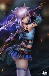 Rule 34 | absurdres, animal ears, warrior of light (ff14), bandaged arm, bandages, bare shoulders, belt, blue skirt, cat ears, character request, dagger, electricity, electrokinesis, final fantasy, final fantasy xiv, gloves, highres, holding, holding sheath, holding sword, holding weapon, knife, looking at viewer, looking back, miniskirt, panties, pink hair, ponytail, red eyes, satomi (745684552), sheath, skirt, sword, tattoo, thighhighs, underwear, weapon, white panties, white thighhighs