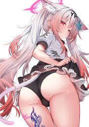 Rule 34 | 1girl, animal ears, black panties, black skirt, blush, clothes lift, cowboy shot, eip (pepai), grey hair, hair ornament, hairclip, halo, highres, leg tattoo, lifting own clothes, long hair, looking at viewer, looking back, multicolored hair, original, panties, red eyes, red hair, shirt, simple background, skirt, tail, tattoo, twintails, two-tone hair, underwear, white shirt