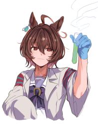 Rule 34 | 1girl, agnes tachyon (umamusume), ahoge, animal ears, bojue (hakus 1128), closed mouth, coat, commentary request, earrings, gloves, hair ornament, highres, holding, holding test tube, horse ears, horse girl, jewelry, lab coat, messy hair, open clothes, open coat, purple shirt, red eyes, sailor collar, shirt, short hair, simple background, single earring, sleeves past fingers, sleeves past wrists, smile, solo, test tube, umamusume, upper body, very long sleeves, white background, white coat