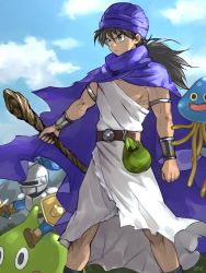 Rule 34 | 1boy, belt, black hair, blue sky, bracelet, cape, closed mouth, cloud, cloudy sky, dragon quest, dragon quest v, hero (dq5), healslime, holding, holding shield, holding staff, holding sword, holding weapon, jewelry, knight, long hair, low ponytail, monster, o tomo, serious, shield, sitting, sky, slime (creature), slime knight, staff, standing, sword, turban, weapon