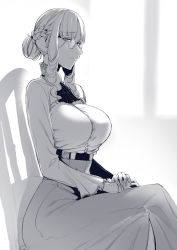 Rule 34 | 1girl, ascot, belt, braid, breasts, carmilla (fate), chair, closed mouth, eyewear strap, fate/grand order, fate (series), fingernails, french braid, from side, glasses, greyscale, high-waist skirt, highres, large breasts, long fingernails, long sleeves, looking at viewer, monochrome, nakamura regura, pince-nez, sharp fingernails, shirt, sitting, skirt, solo, very long fingernails