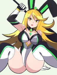 Rule 34 | 1girl, absurdres, abysswatchers, animal ears, blonde hair, bow, bowtie, breasts, chest jewel, detached collar, fake animal ears, highres, large breasts, leotard, long hair, mythra (xenoblade), playboy bunny, rabbit ears, solo, strapless, strapless leotard, swept bangs, thighhighs, very long hair, xenoblade chronicles (series), xenoblade chronicles 2, yellow eyes
