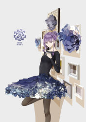 Rule 34 | 1girl, ballerina, blue theme, braid, breasts, chef no kimagure salad, closed mouth, collarbone, curly hair, feet out of frame, flower, flower skirt, framed, hair bun, hand on own chest, highres, leg up, leotard, long sleeves, looking down, original, pantyhose, purple eyes, purple hair, sidelocks, single hair bun, skin tight, skirt, small breasts, solo, standing, standing on one leg