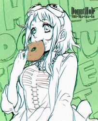 Rule 34 | 1girl, bad id, bad tumblr id, bead necklace, beads, bonyonyo, character name, commentary, donut hole (vocaloid), doodles, doughnut, eating, english commentary, food, goggles, goggles on head, green background, gumi, holding, holding doughnut, holding food, jewelry, necklace, skeleton print, solo, song name, upper body, vocaloid