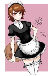 Rule 34 | 1boy, 1girl, absurdres, apron, black dress, blush, border, brown eyes, brown hair, chibi, chibi inset, closed mouth, collared shirt, commentary, cowboy shot, dress, earrings, hairband, hand on own hip, highres, holding, ichigai (hayawossan), jewelry, juliet sleeves, long sleeves, looking at viewer, maid, maid apron, maid headdress, miniskirt, official alternate costume, outside border, persona, persona 3, persona 3 reload, pink background, puffy short sleeves, puffy sleeves, shirt, short hair, short sleeves, simple background, sketch, skirt, smile, stud earrings, takeba yukari, thighhighs, white apron, white border, white hairband, white shirt, white thighhighs, yuuki makoto (persona 3)