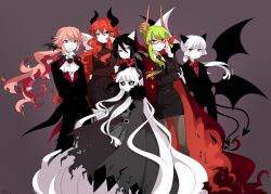 1boy 5girls arbus_(funamusea) aryll_(marbles) ater_(funamusea) black_hair cranber_(funamusea) demon_boy demon_girl demon_horns demon_tail demon_wings funamusea genderswap genderswap_(ftm) genderswap_(mtf) green_hair haiiro_teien highres horns kcalb_(funamusea) lost_(funamusea) multiple_girls pink_hair red_hair tail white_hair wings yosaflame_(funamusea)