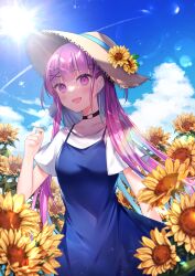 Rule 34 | 1girl, :d, black choker, blue dress, blue hair, blue ribbon, blue sky, blush, cat hair ornament, choker, cloud, colored inner hair, contrail, day, dress, fang, field, floating hair, flower, flower field, food, hair ornament, haruhitooo, hat, hat flower, hat ribbon, highres, holding, holding food, hololive, lens flare, long hair, minato aqua, multicolored hair, open mouth, outdoors, pinafore dress, pink eyes, pink hair, popsicle, ribbon, shirt, short sleeves, skin fang, sky, sleeveless, sleeveless dress, smile, solo, standing, straw hat, sun, sun hat, sunflower, two-tone hair, very long hair, virtual youtuber, white shirt, x hair ornament, yellow flower