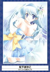 Rule 34 | 1girl, absurdres, blue dress, blue eyes, blue hair, breasts, cleavage, dress, elbow gloves, flower, flower on head, gloves, hair flower, hair ornament, highres, large breasts, matching hair/eyes, matsushita makako, ribbon, solo, spaghetti strap, thighhighs, undressing, white gloves, white thighhighs