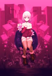 Rule 34 | 1girl, absurdres, bare shoulders, blush, boots, choker, darandy, female focus, full body, highres, looking at viewer, original, pink eyes, pink hair, pink theme, short shorts, shorts, sitting, solo, strapless, thighhighs