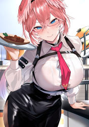 Rule 34 | 1girl, absurdres, blue eyes, blush, breasts, closed mouth, glasses, hair between eyes, hairband, hand up, head tilt, head wings, highres, holding, holding tray, hololive, hoshara, indoors, large breasts, long sleeves, looking at viewer, multicolored hair, necktie, pink hair, red necktie, see-through, shirt, short hair, smile, solo, standing, takane lui, takane lui (1st costume), tray, virtual youtuber, wet, wet clothes, wet shirt, white shirt, wings
