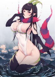 Rule 34 | 1girl, ane naru mono, black hair, blunt bangs, breasts, chiyo (ane naru mono), commentary request, covered erect nipples, covered navel, demon girl, elbow gloves, eyeball, flower, fur collar, gloves, highres, horizontal pupils, horns, large breasts, leotard, long hair, looking at viewer, mole, mole under eye, parted lips, pochi (pochi-goya), pointy ears, purple eyes, smile, solo, tail, very long hair, water, white leotard