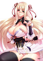 Rule 34 | 1girl, bare shoulders, black legwear, blonde hair, bow, breasts, bridal gauntlets, cleavage, detached sleeves, dress, fingernails, floral print, frills, fur trim, glasses, green eyes, hair bow, hand fan, highres, holding, large breasts, lips, long hair, long sleeves, looking at viewer, magaki ryouta, original, page number, panties, scan, short dress, simple background, smile, solo, underwear, white background