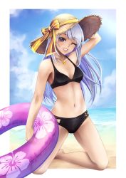 Rule 34 | 1girl, absurdres, aira (qwedcxza49), arm up, barefoot, beach, bikini, black bikini, blue sky, border, bow, breasts, brown hat, cleavage, cloud, collarbone, floating hair, floral print, grin, hat, hat bow, hibiscus print, highres, innertube, jewelry, kneeling, long hair, looking at viewer, medium breasts, necklace, ocean, one eye closed, original, purple eyes, silver hair, sky, smile, solo, straight hair, straw hat, summer, sun hat, swim ring, swimsuit, very long hair, white border, yellow bow