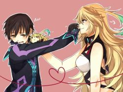 Rule 34 | 1boy, 1girl, bare shoulders, black hair, breasts, brown eyes, choker, coat, hand puppet, jude mathis, midriff, milla maxwell, multicolored hair, puppet, red eyes, tales of (series), tales of xillia