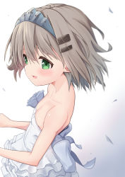 Rule 34 | 1girl, absurdres, bare arms, bare shoulders, bow, breasts, cleavage, collarbone, commentary request, dress, dress bow, flower, from side, gradient background, green eyes, grey hair, hair ornament, hairband, hairclip, highres, kohshibasaki, looking at viewer, rose, sleeveless, sleeveless dress, small breasts, solo, upper body, white background, white dress, white flower, white rose, wind, yama no susume, yukimura aoi