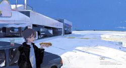 Rule 34 | 1boy, amiyakinyu, bad id, bad tumblr id, blue sky, brown hair, building, car, cup, drink, drinking straw, food, holding, holding food, hot dog, long sleeves, male focus, motor vehicle, mustard, open mouth, original, outdoors, shadow, short hair, sky, solo, upper body, wide shot