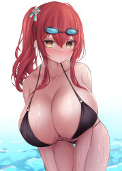 Rule 34 | 1girl, azur lane, bare shoulders, bikini, black bikini, breasts, cleavage, collarbone, cowboy shot, goggles, goggles on head, hair between eyes, highres, huge breasts, leaning forward, long hair, looking at viewer, o-ring, o-ring bikini, official alternate costume, red hair, side ponytail, simple background, solo, swimsuit, thigh gap, water, wet, white background, yuuki shuri, zara (azur lane), zara (poolside coincidence) (azur lane)