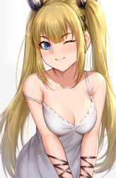 Rule 34 | 1girl, ;), bare shoulders, black ribbon, blonde hair, blue eyes, blush, breasts, cleavage, closed mouth, collarbone, dead or alive, dress, hair ornament, hair ribbon, highres, hua-j, long hair, looking at viewer, marie rose, medium breasts, one eye closed, ribbon, sidelocks, simple background, sleeveless, sleeveless dress, smile, solo, strap slip, sundress, twintails, upper body, very long hair, white background, x hair ornament