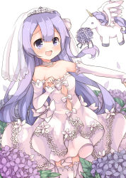 Rule 34 | 1girl, :d, animal, azur lane, bare shoulders, blush, bouquet, bow, breasts, cleavage, collarbone, commentary request, detached sleeves, dress, feathered wings, flower, hair between eyes, hair bun, hand up, highres, horns, hydrangea, kawachi (hina), long hair, long sleeves, looking at viewer, open mouth, outstretched arm, petals, purple eyes, purple flower, purple hair, purple rose, rose, see-through, side bun, simple background, single hair bun, single horn, single side bun, sleeves past wrists, small breasts, smile, solo, tears, thighhighs, tiara, unicorn (azur lane), veil, very long hair, wedding dress, white background, white bow, white dress, white theme, white thighhighs, white wings, winged unicorn, wings