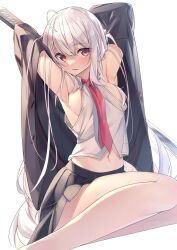 Rule 34 | 1girl, armpits, arms up, breasts, highres, katana, long hair, looking at viewer, medium breasts, navel, necktie, original, red eyes, shiro youduki, simple background, solo, sword, very long hair, weapon, white background, white hair