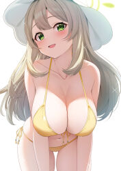 Rule 34 | 1girl, absurdres, bikini, blue archive, blush, breasts, cleavage, collarbone, front-tie bikini top, front-tie top, halo, hat, highres, large breasts, leaning forward, light brown hair, long hair, looking at viewer, navel, nonomi (blue archive), nonomi (swimsuit) (blue archive), rei (ilust9999), side-tie bikini bottom, simple background, smile, solo, straight hair, sun hat, sweatdrop, swimsuit, very long hair, white background, white hat, yellow bikini