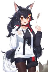Rule 34 | 1girl, absurdres, animal ears, black hoodie, black pantyhose, black shorts, blush, cat, feathers, hair between eyes, hair ornament, highres, holding, hololive, hood, hoodie, long hair, long sleeves, multicolored hair, oksuri, ookami mio, ookami mio (casual), open mouth, pantyhose, paw print, paw print pattern, short shorts, shorts, smile, solo, taiga (ookami mio), tail, tail around own leg, tail wrap, tawa (ookami mio), thighhighs, two-tone hoodie, virtual youtuber, white hoodie, wolf ears, wolf girl, wolf tail