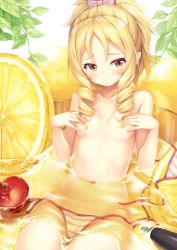Rule 34 | 1girl, bathing, bikini, bikini bottom only, blonde hair, blush, breasts, brown eyes, cherry, closed mouth, collarbone, covering breasts, covering nipples, covering privates, drill hair, eromanga sensei, food, frown, fruit, hair between eyes, highres, hip focus, lemon, lemon slice, lemonade, long hair, navel, oversized food, oversized object, parted bangs, pink bikini, pointy ears, sitting, small breasts, solo, stomach, striped bikini, striped bikini bottom, striped clothes, swimsuit, tomifumi, topless, twin drills, untied bikini, yamada elf, yellow theme