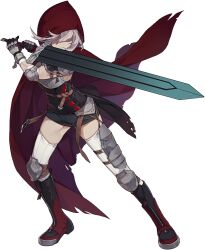 Rule 34 | 1girl, armor, boots, breastplate, breasts, chrono ark, cloak, elbow pads, fighting stance, gloves, hen-tie, highres, holding, holding sword, holding weapon, hood, hood up, hooded cloak, lian (chrono ark), long bangs, medium breasts, medium hair, non-web source, official art, shorts, sword, thigh armor, thighhighs, thighs, transparent background, weapon, white hair