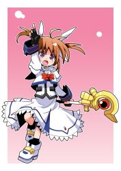 Rule 34 | 00s, 1girl, border, bow, fingerless gloves, gloves, hair ribbon, lyrical nanoha, magazine (weapon), magical girl, mahou shoujo lyrical nanoha, orange hair, purple eyes, raising heart, raising heart (accel mode), red bow, red hair, ribbon, solo, takamachi nanoha, takamachi nanoha (sacred mode), totsuki tooka, twintails