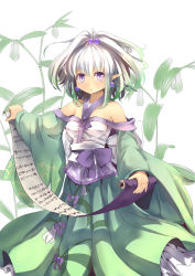 Rule 34 | 1girl, bare shoulders, blue eyes, bow, breasts, culter, dress, earrings, flower, green hair, hair bobbles, hair ornament, highres, japanese clothes, jewelry, multicolored hair, obi, original, pointy ears, sash, scroll, silver hair, smile, solo, wide sleeves