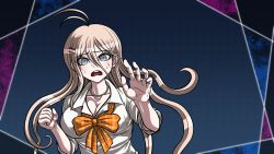 Rule 34 | 1girl, antenna hair, blue background, blue eyes, breasts, cleavage, collarbone, collared shirt, danganronpa (series), danganronpa v3: killing harmony, floating hair, hair between eyes, hair ornament, hairclip, iruma miu, jewelry, large breasts, long hair, looking at viewer, necklace, official alternate costume, official style, open mouth, orange neckwear, plaid neckwear, school uniform, shirt, silver hair, sleeves rolled up, solo, sweatdrop, very long hair, wavy mouth, white shirt, wing collar, yumaru (marumarumaru)