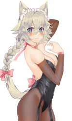 Rule 34 | 1girl, alternate costume, alternate hairstyle, animal ears, bare shoulders, black leotard, black pantyhose, blush, bow, braid, braided ponytail, breasts, cleavage, dog ears, dog tail, hair between eyes, highres, izayoi sakuya, kemonomimi mode, leotard, light smile, long hair, looking at viewer, maid headdress, medium breasts, pantyhose, simple background, solo, strapless, strapless leotard, tail, thighhighs, tomatolover16, touhou, very long hair, white background