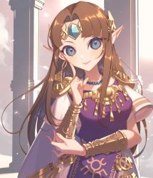 Rule 34 | 1girl, bead necklace, beads, bracelet, breasts, brown hair, cape, dress, gem, hand up, jewelry, large breasts, long hair, looking at viewer, miri (cherryjelly), necklace, nintendo, parted bangs, princess zelda, short sleeves, smile, solo, standing, the legend of zelda, the legend of zelda: a link between worlds, upper body