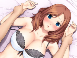 Rule 34 | 1boy, 1girl, aniyome ijiri, bed, black bow, blue eyes, blush, bow, bow bra, bra, breasts, brown hair, cleavage, collarbone, dutch angle, game cg, hiaki yuu, large breasts, long hair, looking at viewer, lying, musumi miki, on bed, open mouth, pinned, solo focus, underwear, white bra
