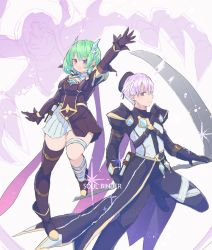 Rule 34 | 1boy, 1girl, :&lt;, black gloves, black jacket, black pants, boots, brown gloves, brown thighhighs, closed mouth, commentary request, eon (greencastle), expressionless, full body, gloves, green hair, hair between eyes, holding, holding scythe, jacket, looking at viewer, open mouth, pants, pink eyes, pink hair, purple eyes, ragnarok masters, ragnarok online, scythe, shirt, short hair, shrug (clothing), single thighhigh, skirt, soul binder (ragnarok masters), thighhighs, white shirt, white skirt