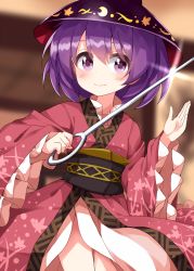 Rule 34 | 1girl, autumn leaves, belt, black belt, black hat, blurry, blurry background, blush, bowl, bowl hat, crescent, crescent print, dress, eyes visible through hair, frills, hair between eyes, hands up, hat, highres, holding, holding weapon, japanese clothes, kimono, leaf, leaf print, long sleeves, looking to the side, needle, one-hour drawing challenge, pink dress, pink kimono, purple eyes, purple hair, ruu (tksymkw), short hair, smile, solo, sparkle, standing, sukuna shinmyoumaru, touhou, wall, weapon, wide sleeves
