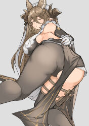 Rule 34 | 1girl, animal ears, armpits, ass, bent over, blush, breasts, brown hair, brown horns, closed eyes, closed mouth, detached sleeves, dress, dutch angle, extra ears, facing viewer, feet out of frame, frilled sleeves, frills, from behind, galleon (granblue fantasy), gloves, granblue fantasy, grey background, hair between eyes, horns, large breasts, long hair, mika (gbf), pantylines, pointy ears, sideboob, simple background, solo, white gloves