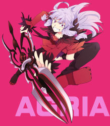 Rule 34 | 1girl, agria (tales), black panties, boots, character name, freckles, grin, light purple hair, panties, pantyshot, pink background, red eyes, sinaooo, skirt, smile, solo, tales of (series), tales of xillia, thigh boots, thighhighs, underwear, upskirt, weapon