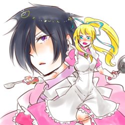 Rule 34 | 1boy, 1girl, apron, black hair, blonde hair, blue eyes, breasts, cape, dress, elbow gloves, fang, frills, frying pan, gloves, hair over one eye, ladle, leon magnus, lilith aileron, long hair, open mouth, purple eyes, ribbon, short hair, tales of (series), tales of destiny