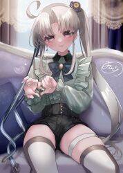 Rule 34 | 1girl, ahoge, akitsushima (kancolle), alternate costume, commentary request, couch, curtains, denim, denim shorts, frilled shirt, frills, green shirt, grey hair, grey shorts, hat, highres, kantai collection, long hair, mini hat, mizoredama1, shirt, shorts, side ponytail, sidelocks, sitting, solo, thighhighs, tilted headwear, white thighhighs