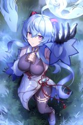 Rule 34 | 1girl, absurdres, ahoge, arm up, bare shoulders, bell, black pantyhose, blue hair, breasts, chinese knot, detached sleeves, flower knot, from above, full body, ganyu (genshin impact), genshin impact, gold trim, grass, high heels, highres, horns, long hair, looking at viewer, medium breasts, neck bell, nero-kun, orb, pantyhose, purple eyes, qilin (mythology), sidelocks, solo, standing, tassel, thighlet, thighs, vision (genshin impact), white sleeves