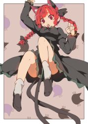 Rule 34 | 1girl, animal ears, arm up, bad id, bad twitter id, bow, braid, cat ears, cat tail, convenient censoring, dress, extra ears, full body, hair bow, hair ornament, hasebe yuusaku, kaenbyou rin, long hair, long sleeves, multiple tails, open mouth, puffy sleeves, red eyes, red hair, simple background, socks, solo, tail, touhou, twin braids, white socks