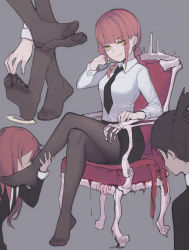 Rule 34 | 1boy, 2girls, absurdres, angel devil (chainsaw man), black legwear, black suit, braid, braided ponytail, business suit, chainsaw man, chair, couple, crossed legs, crosshair pupils, demon boy, eyepatch, feet, femdom, foot worship, formal, hayakawa aki, highres, lan mao akko, looking at viewer, makima (chainsaw man), multiple girls, neckwear request, no shoes, office lady, pantyhose, red hair, ringed eyes, shirt tucked in, sitting, soles, suit, toes, yellow eyes