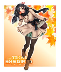 Rule 34 | 1girl, ankle boots, bag, black hair, blue eyes, boots, breasts, commentary, full body, gradient background, highres, large breasts, leaf, logo, long hair, long sleeves, looking at viewer, masami chie, open mouth, pantyhose, scarf, simple background, skirt, smile, solo, tokyo exe girls, winter clothes